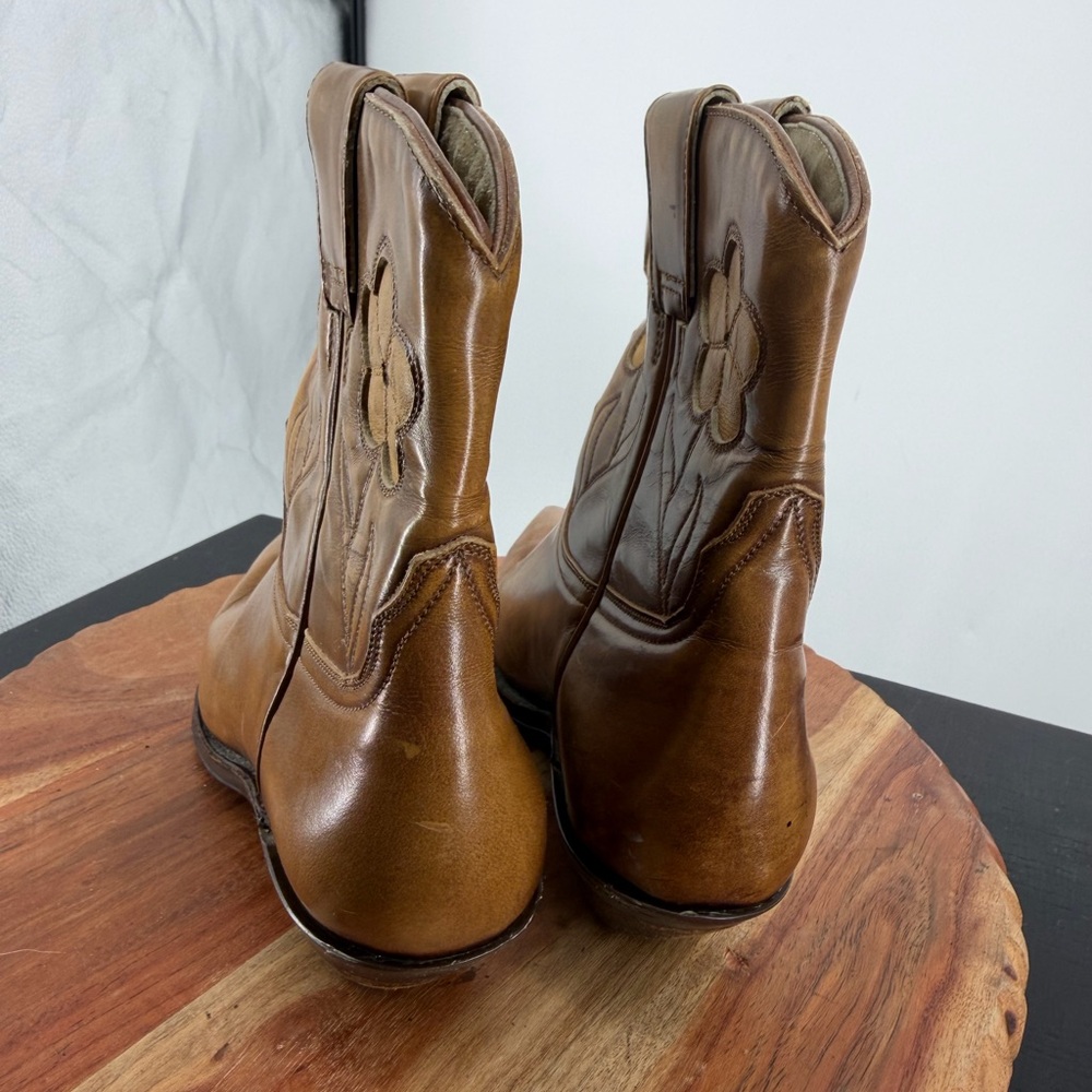 vintage flower inlay ankle western boots brown leather short cowgirl boho sz 7.5 - Picture 6 of 10